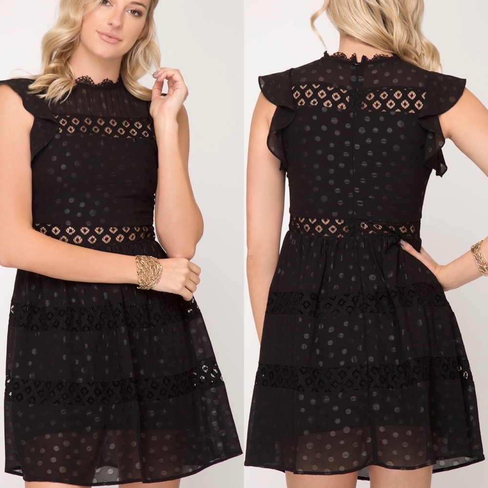Black Ruffle Polka Dot Lace Dress